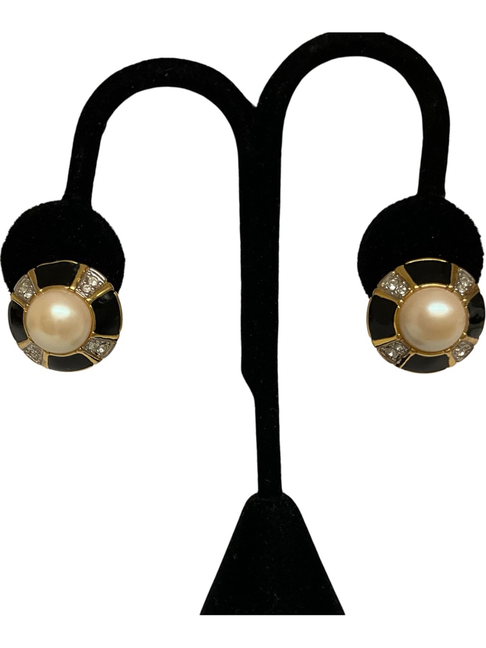 Vintage Nina Ricci Faux Pearl Black Enamel Rhinestone Omega Back Earrings